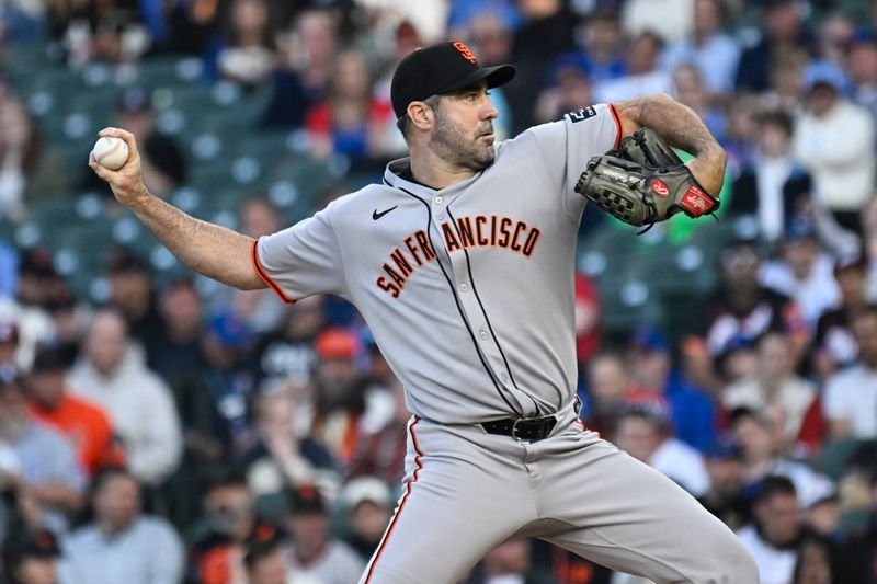 May 6, 2025; Chicago, Illinois, USA;  San Francisco Giants pitcher Justin Verlander (35) delivers against the Chicago Cubs during the first inning at Wrigley Field. Mandatory Credit: Matt Marton-Imagn Images