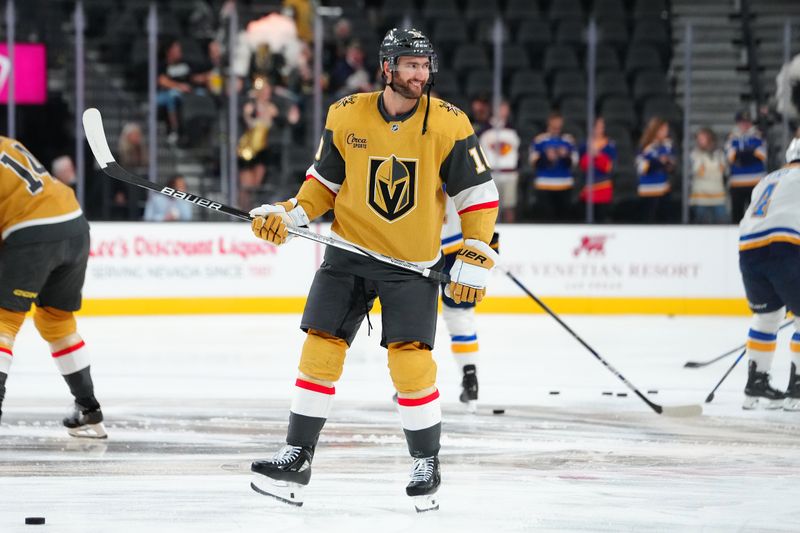 Oct 11, 2024; Las Vegas, Nevada, USA; Vegas Golden Knights center Nicolas Roy (10) warms up before the start of a game against the St. Louis Blues at T-Mobile Arena. Mandatory Credit: Stephen R. Sylvanie-Imagn Images