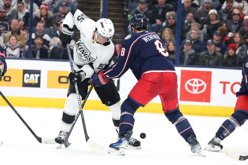 Jan 25, 2025; Columbus, Ohio, USA;  Los Angeles Kings right wing Quinton Byfield (55) fights for the puck with Columbus Blue Jackets defenseman Zach Werenski (8) during the third period at Nationwide Arena. Mandatory Credit: Joseph Maiorana-Imagn Images