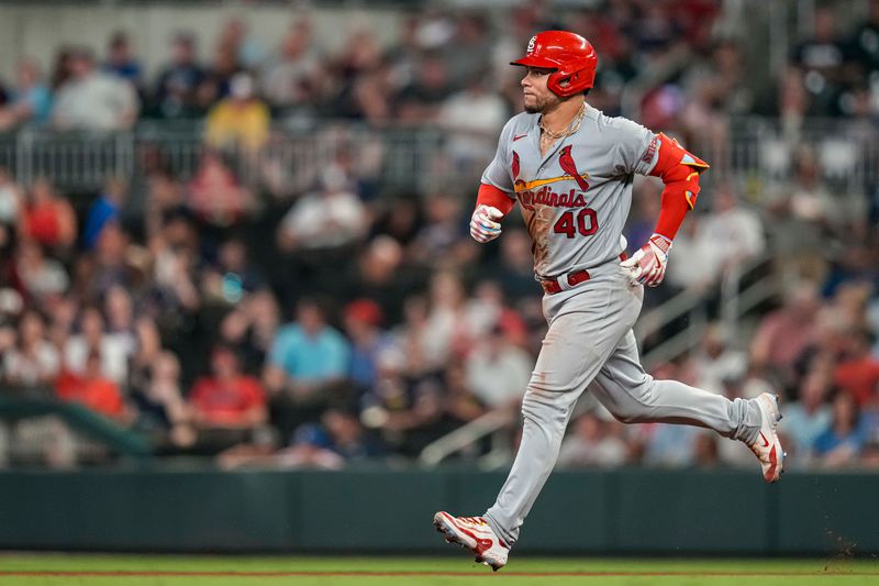 Sep 6, 2023; Cumberland, Georgia, USA; St. Louis Cardinals catcher Willson Contreras (40) runs after hitting a home run against the Atlanta Braves during the seventh inning at Truist Park. Mandatory Credit: Dale Zanine-USA TODAY Sports