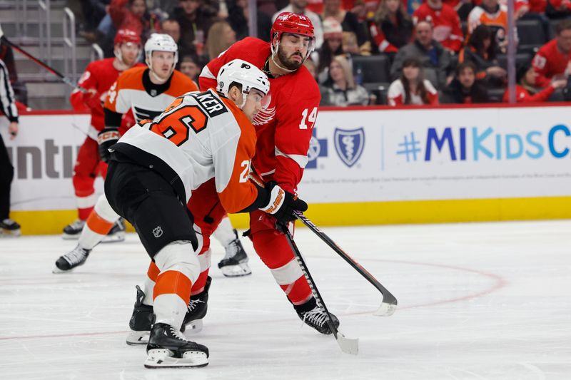 Jan 25, 2024; Detroit, Michigan, USA;  Philadelphia Flyers defenseman Sean Walker (26) and Detroit Red Wings center Robby Fabbri (14) fight for position in the second period at Little Caesars Arena. Mandatory Credit: Rick Osentoski-USA TODAY Sports