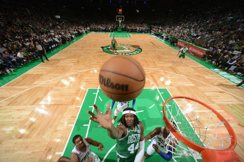 BOSTON, MA - MAY 3: Robert Williams III #44 of the Boston Celtics shoots the ball during Game Two of the Eastern Conference Semi-Finals 2023 NBA Playoffs on May 3, 2023 at the TD Garden in Boston, Massachusetts. NOTE TO USER: User expressly acknowledges and agrees that, by downloading and or using this photograph, User is consenting to the terms and conditions of the Getty Images License Agreement. Mandatory Copyright Notice: Copyright 2023 NBAE  (Photo by Brian Babineau/NBAE via Getty Images)