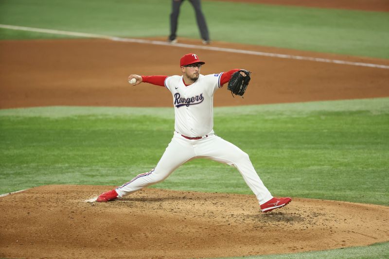 Jun 28, 2023; Arlington, Texas, USA;  Texas Rangers starting pitcher Dane Dunning (33) throws during the game against the Detroit Tigers at Globe Life Field. Mandatory Credit: Kevin Jairaj-USA TODAY Sports