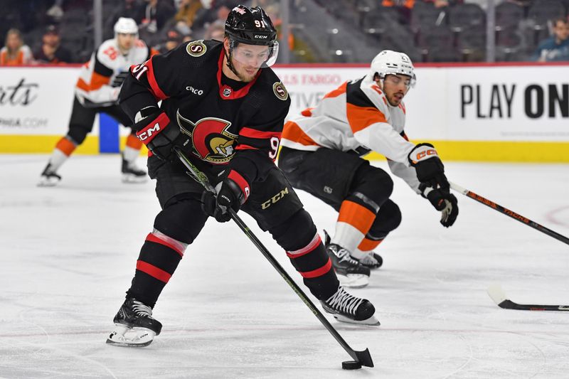 Mar 2, 2024; Philadelphia, Pennsylvania, USA; Ottawa Senators right wing Vladimir Tarasenko (91) shoots against the Philadelphia Flyers during the second period at Wells Fargo Center. Mandatory Credit: Eric Hartline-USA TODAY Sports