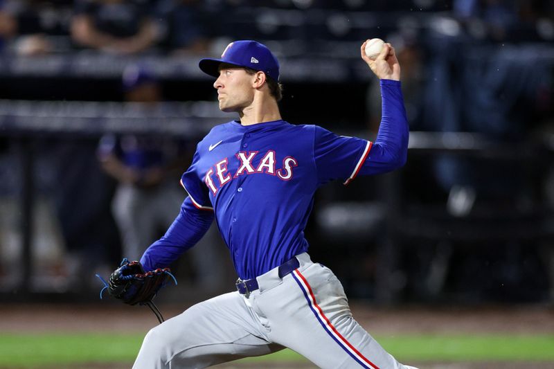 Jun 3, 2025; Tampa, Florida, USA; Texas Rangers pitcher Jacob Latz (67) throws a pitch against the Tampa Bay Rays in the seventh inning at George M. Steinbrenner Field. Mandatory Credit: Nathan Ray Seebeck-Imagn Images