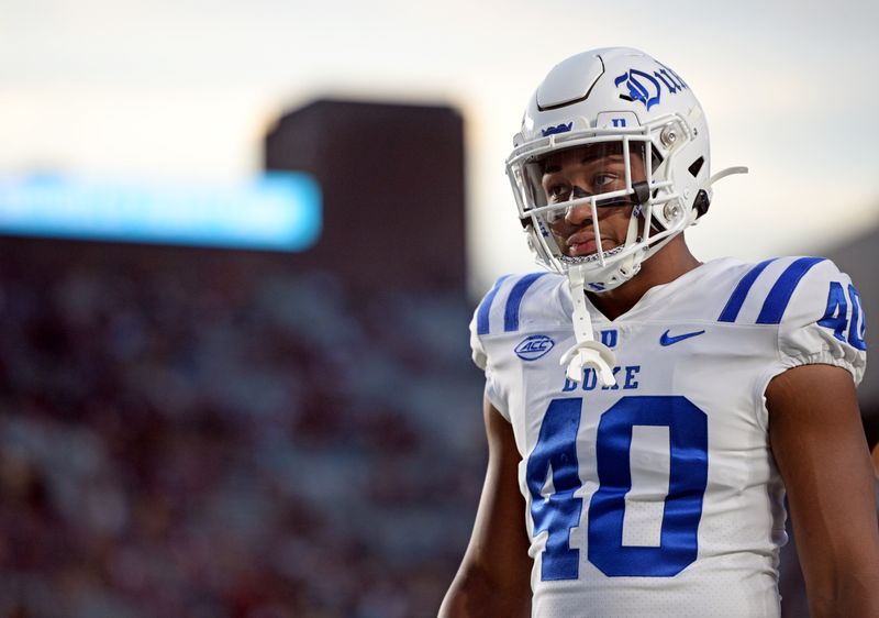 Oct 21, 2023; Tallahassee, Florida, USA; Duke Blue Devils defensive end Ryan Smith (40) before the game against the Florida State Seminoles at Doak S. Campbell Stadium. Mandatory Credit: Melina Myers-USA TODAY Sports