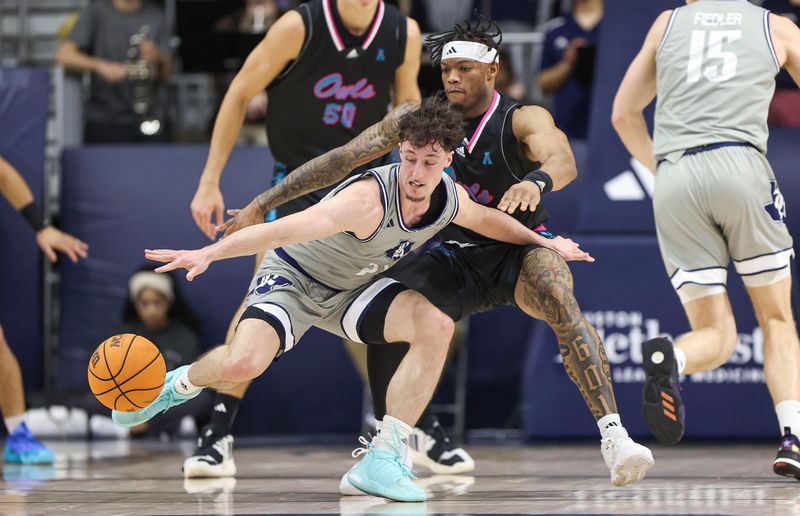 Jan 24, 2024; Houston, Texas, USA; Rice Owls guard Alem Huseinovic (23) loses control of the ball as Florida Atlantic Owls guard Alijah Martin (15) defends during the first half at Tudor Fieldhouse. Mandatory Credit: Troy Taormina-USA TODAY Sports