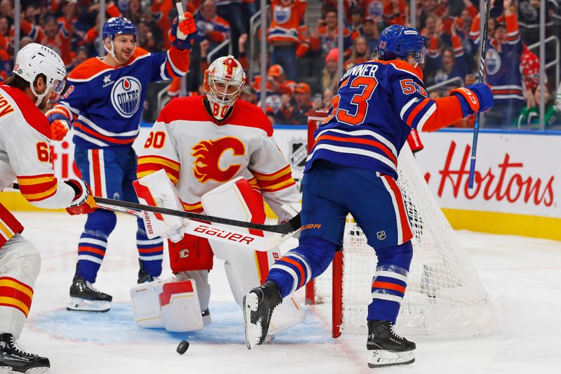 Oct 13, 2024; Edmonton, Alberta, CAN;  Edmonton Oilers forward Jeff Skinner (53) celebrates after scoring a goal during the first period against the Calgary Flames at Rogers Place. Mandatory Credit: Perry Nelson-Imagn Images