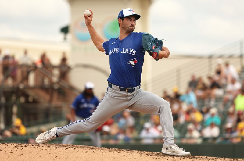 Mar 5, 2024; Bradenton, Florida, USA;  Toronto Blue Jays relief pitcher Mitch White (45) throws a pitch during the fourth inning against the Pittsburgh Pirates at LECOM Park. Mandatory Credit: Kim Klement Neitzel-USA TODAY Sports