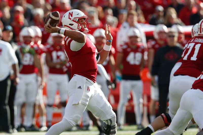 Nov 16, 2019; Lincoln, NE, USA; Nebraska Cornhuskers quarterback Adrian Martinez (2) throws against the Wisconsin Badgers in the first half at Memorial Stadium. Mandatory Credit: Bruce Thorson-USA TODAY Sports