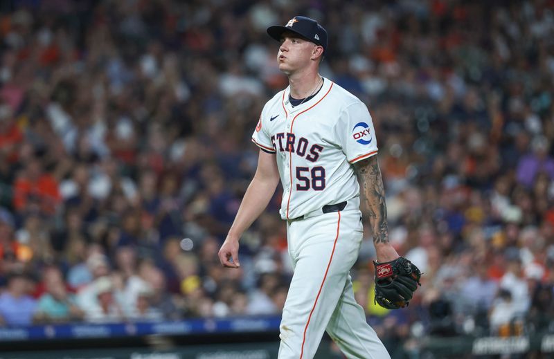 Jul 30, 2024; Houston, Texas, USA; Houston Astros starting pitcher Hunter Brown (58) walks off the mound after pitching during the fifth inning against the Pittsburgh Pirates at Minute Maid Park. Mandatory Credit: Troy Taormina-USA TODAY Sports