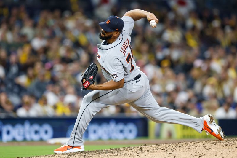 Mar 27, 2026; San Diego, California, USA; Detroit Tigers relief pitcher Kenley Jansen (74) throws a pitch during the ninth inning against the San Diego Padres at Petco Park. Mandatory Credit: David Frerker-Imagn Images
