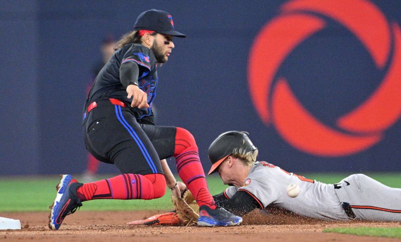 Jun 5, 2024; Toronto, Ontario, CAN;   Toronto Blue Jays shortstop Bo Bichette (11) takes the throw before tagging out Baltimore Orioles left fielder Kyle Stowers (28) on an attempted steal of second base in the second inning at Rogers Centre. Mandatory Credit: Dan Hamilton-USA TODAY Sports 