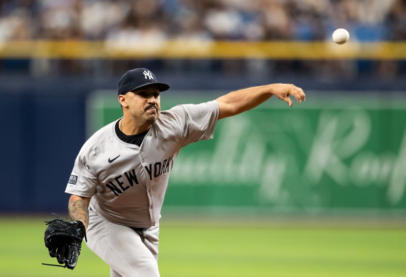 May 11, 2024; St. Petersburg, Florida, USA; New York Yankees pitcher Nestor Cortes (65) throws the ball against the Tampa Bay Rays during the first inning at Tropicana Field. Mandatory Credit: Matt Pendleton-USA TODAY Sports