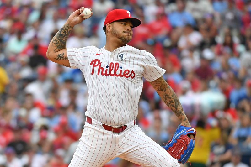 Jun 2, 2024; Philadelphia, Pennsylvania, USA; Philadelphia Phillies pitcher Taijuan Walker (99) throws a pitch against the St. Louis Cardinals during the first inning at Citizens Bank Park. Mandatory Credit: Eric Hartline-USA TODAY Sports