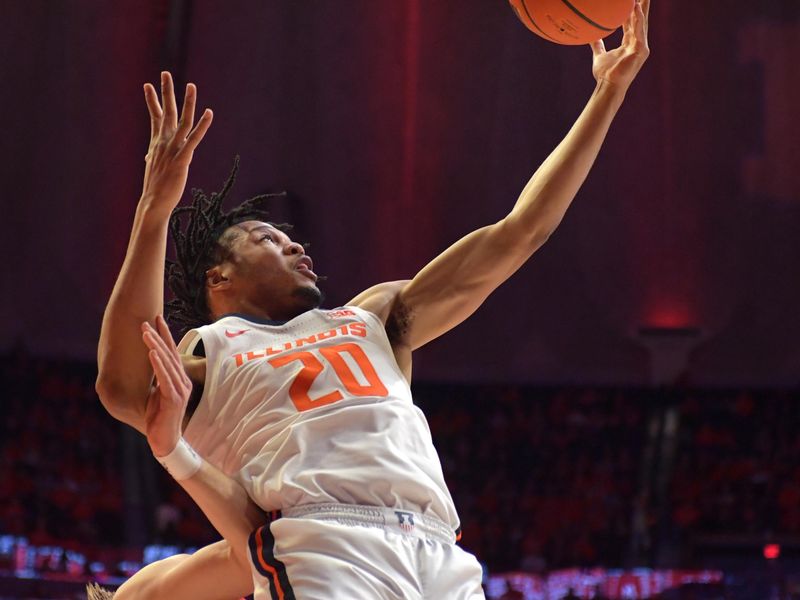 Jan 31, 2023; Champaign, Illinois, USA; Illinois Fighting Illini guard Ty Rodgers (20) grabs a rebound during the first half against the Nebraska Cornhuskers at State Farm Center. Mandatory Credit: Ron Johnson-USA TODAY Sports