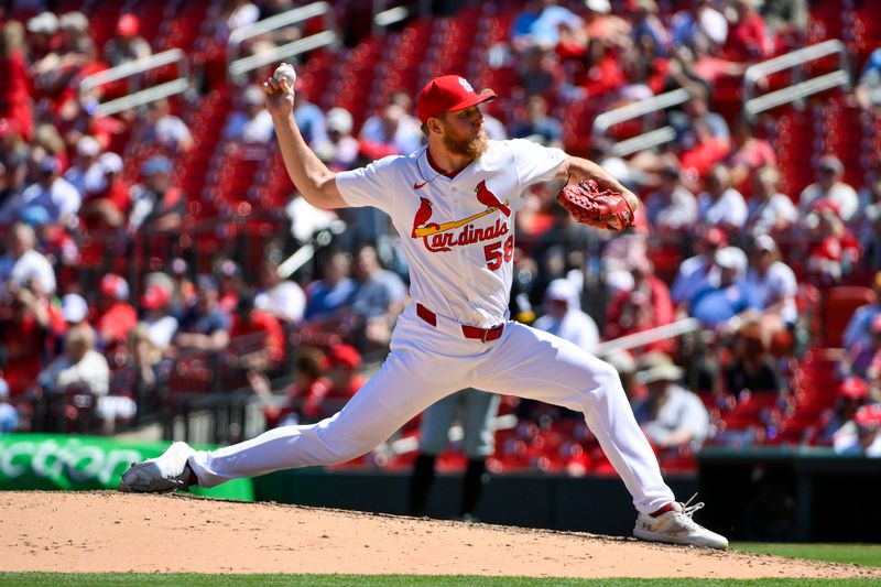 May 7, 2025; St. Louis, Missouri, USA;  St. Louis Cardinals relief pitcher Chris Roycroft (58) pitches against the Pittsburgh Pirates during the ninth inning at Busch Stadium. Mandatory Credit: Jeff Curry-Imagn Images