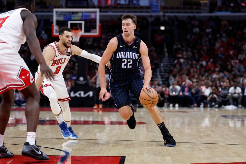 CHICAGO, IL - OCTOBER 30: Franz Wagner #22 of the Orlando Magic drives to the basket during the game against the Chicago Bulls on October 30, 2024 at United Center in Chicago, Illinois. NOTE TO USER: User expressly acknowledges and agrees that, by downloading and or using this photograph, User is consenting to the terms and conditions of the Getty Images License Agreement. Mandatory Copyright Notice: Copyright 2024 NBAE (Photo by Kamil Krzaczynski/NBAE via Getty Images)