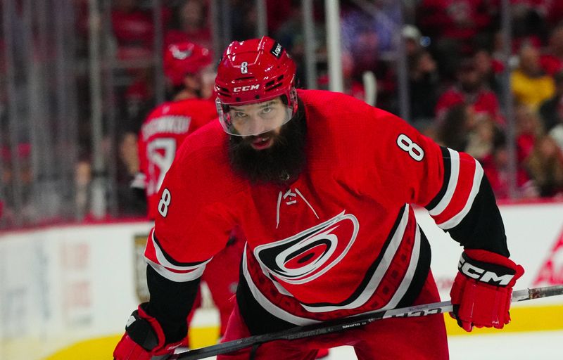 Nov 26, 2023; Raleigh, North Carolina, USA; Carolina Hurricanes defenseman Brent Burns (8) looks on against the Columbus Blue Jackets during the third period at PNC Arena. Mandatory Credit: James Guillory-USA TODAY Sports