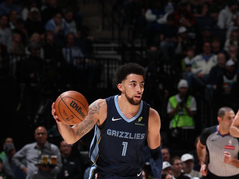 MINNEAPOLIS, MN -  JANUARY 11: Scotty Pippen Jr. #1 of the Memphis Grizzlies handles the ball during the game against the Minnesota Timberwolves on January 11, 2025 at Target Center in Minneapolis, Minnesota. NOTE TO USER: User expressly acknowledges and agrees that, by downloading and or using this Photograph, user is consenting to the terms and conditions of the Getty Images License Agreement. Mandatory Copyright Notice: Copyright 2025 NBAE (Photo by David Sherman/NBAE via Getty Images)