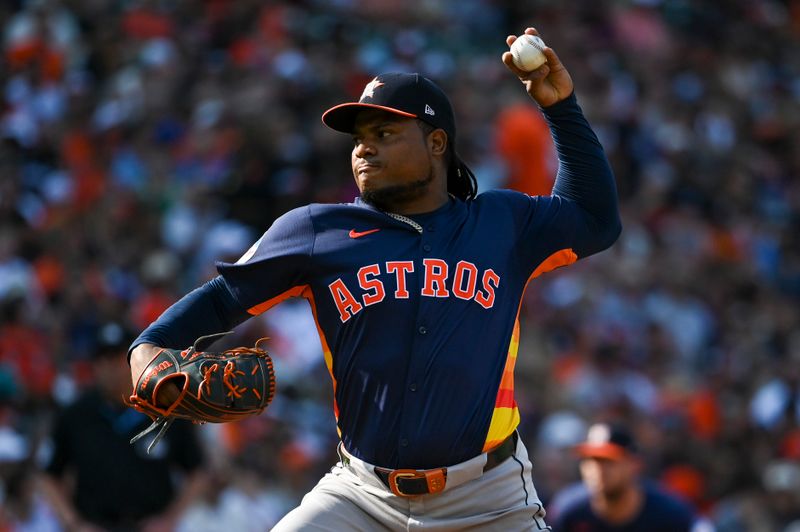 Aug 24, 2024; Baltimore, Maryland, USA;  Houston Astros starting pitcher Framber Valdez (59) throws a third inning pitch against the Baltimore Orioles at Oriole Park at Camden Yards. Mandatory Credit: Tommy Gilligan-USA TODAY Sports