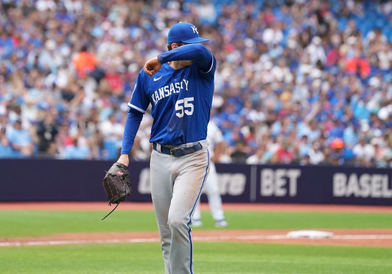 Sep 10, 2023; Toronto, Ontario, CAN; Kansas City Royals starting pitcher Cole Ragans (55) walks towards the dugout after being relieved against the Toronto Blue Jays during the sixth inning at Rogers Centre. Mandatory Credit: Nick Turchiaro-USA TODAY Sports