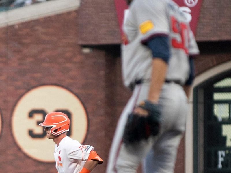 Aug 13, 2024; San Francisco, California, USA;  San Francisco Giants shortstop Tyler Fitzgerald (49) rounds the bases after hitting a home run against the Atlanta Braves during the third inning at Oracle Park. Mandatory Credit: Ed Szczepanski-USA TODAY Sports