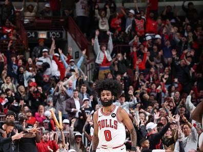 CHICAGO, IL - DECEMBER 28: Coby White #0 of the Chicago Bulls celebrates a three point basket during the game against the Indiana Pacers on December 28, 2023 at United Center in Chicago, Illinois. NOTE TO USER: User expressly acknowledges and agrees that, by downloading and or using this photograph, User is consenting to the terms and conditions of the Getty Images License Agreement. Mandatory Copyright Notice: Copyright 2023 NBAE (Photo by Jeff Haynes/NBAE via Getty Images)