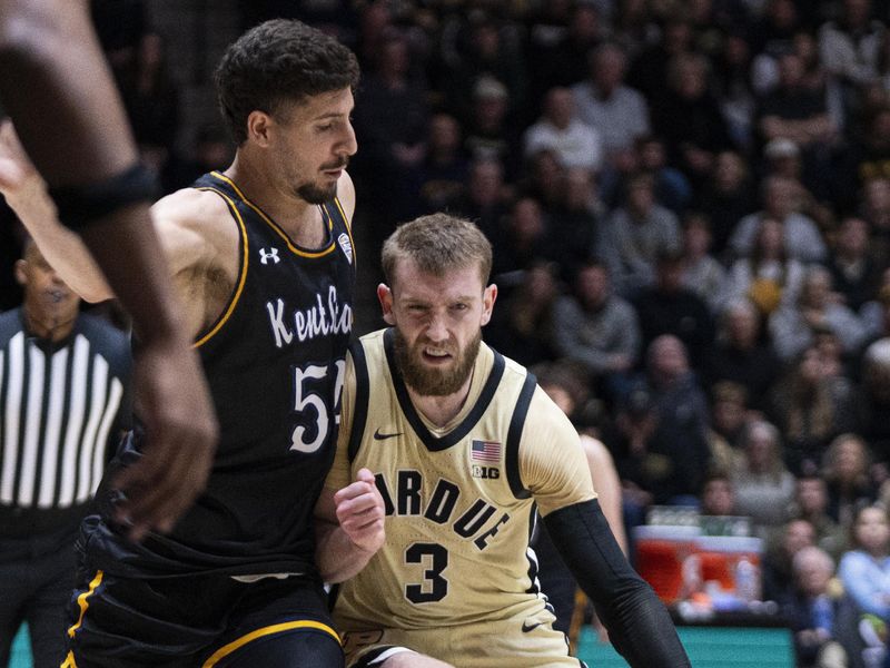 Dec 29, 2025; West Lafayette, Indiana, USA; Purdue Boilermakers guard Braden Smith (3) dribbles around Kent State Golden Flashes guard Omer Hamama (54) during the second half at Mackey Arena. Mandatory Credit: Jacob Musselman-Imagn Images