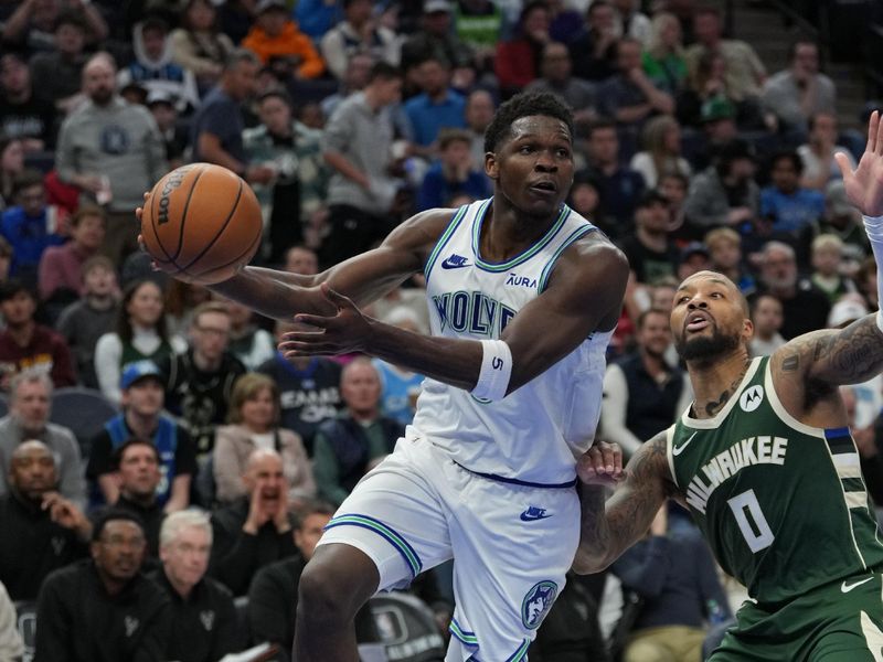 MINNEAPOLIS, MN -  FEBRUARY 23: Anthony Edwards #5 of the Minnesota Timberwolves passes the ball during the game against the Milwaukee Bucks on February 23, 2024 at Target Center in Minneapolis, Minnesota. NOTE TO USER: User expressly acknowledges and agrees that, by downloading and or using this Photograph, user is consenting to the terms and conditions of the Getty Images License Agreement. Mandatory Copyright Notice: Copyright 2024 NBAE (Photo by Jordan Johnson/NBAE via Getty Images)