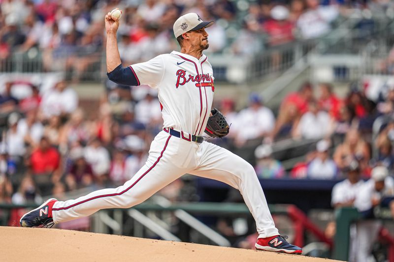 Jul 4, 2024; Cumberland, Georgia, USA; Atlanta Braves pitcher Charlie Morton (50) pitches against the San Francisco Giants during the first inning at Truist Park. Mandatory Credit: Dale Zanine-USA TODAY Sports