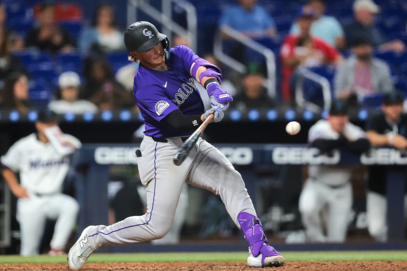 Jun 3, 2025; Miami, Florida, USA; Colorado Rockies catcher Hunter Goodman (15) hits a solo home run against the Miami Marlins during the eighth inning at loanDepot Park. Mandatory Credit: Sam Navarro-Imagn Images