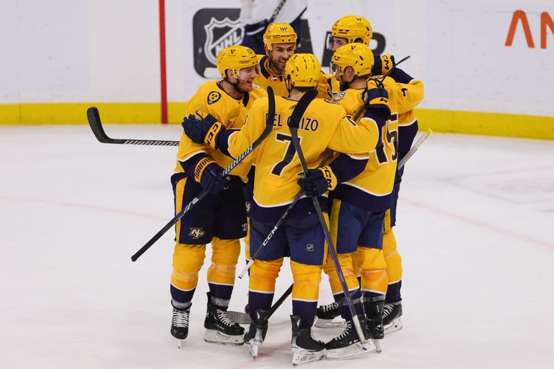 Mar 21, 2024; Sunrise, Florida, USA; Nashville Predators players celebrates after a goal by left wing Filip Forsberg (9) against the Florida Panthers during the third period at Amerant Bank Arena. Mandatory Credit: Sam Navarro-USA TODAY Sports