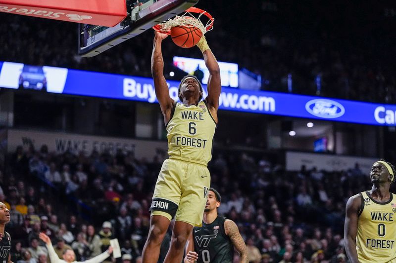 Jan 3, 2026; Winston-Salem, North Carolina, USA; Wake Forest Demon Deacons guard Myles Colvin (6) with a slam dunk against the Virginia Tech Hokies during the first half at Lawrence Joel Veterans Memorial Coliseum. Mandatory Credit: Jim Dedmon-Imagn Images