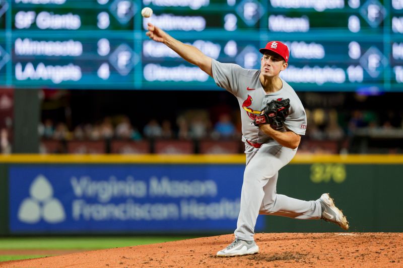 Sep 10, 2025; Seattle, Washington, USA; St. Louis Cardinals starting pitcher Michael McGreevy (36) throws against the Seattle Mariners during the third inning at T-Mobile Park. Mandatory Credit: Joe Nicholson-Imagn Images