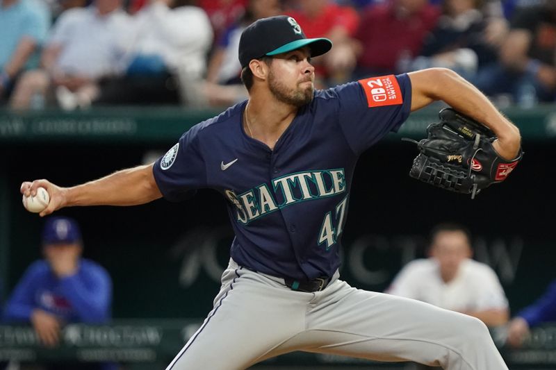 May 3, 2025; Arlington, Texas, USA; Seattle Mariners pitcher Matt Brash (47) throws to the plate during the seventh inning against the Texas Rangers at Globe Life Field. Mandatory Credit: Raymond Carlin III-Imagn Images