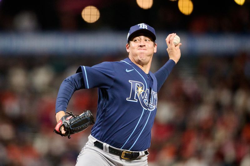 Aug 14, 2023; San Francisco, California, USA; Tampa Bay Rays pitcher Jacob Lopez (74) throws a pitch against the San Francisco Giants during the seventh inning at Oracle Park. Mandatory Credit: Robert Edwards-USA TODAY Sports