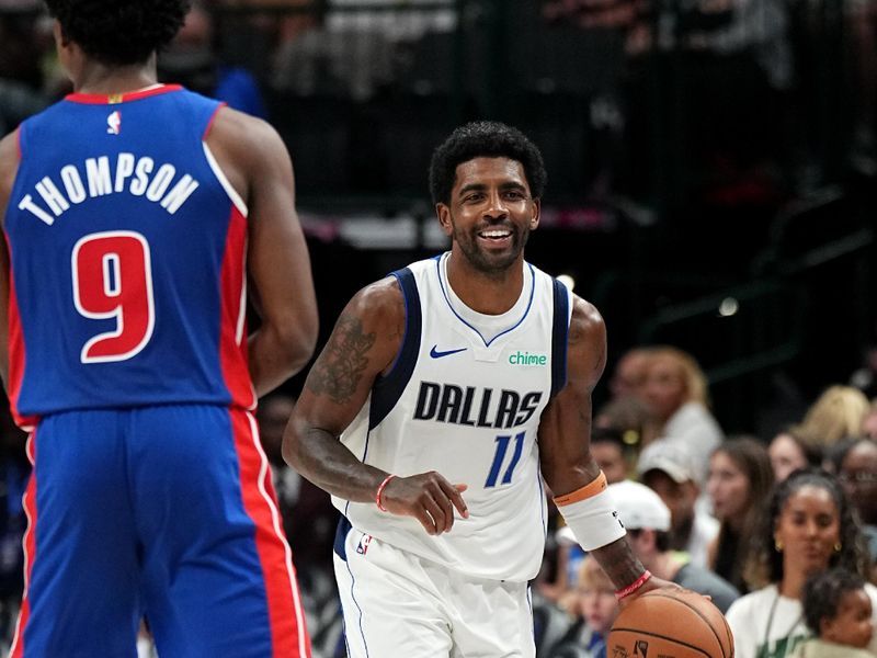 DALLAS, TX - OCTOBER 20: Kyrie Irving #11 of the Dallas Mavericks dribbles the ball during the game against the Detroit Pistons on October 20, 2023 at the American Airlines Center in Dallas, Texas. NOTE TO USER: User expressly acknowledges and agrees that, by downloading and or using this photograph, User is consenting to the terms and conditions of the Getty Images License Agreement. Mandatory Copyright Notice: Copyright 2023 NBAE (Photo by Glenn James/NBAE via Getty Images)