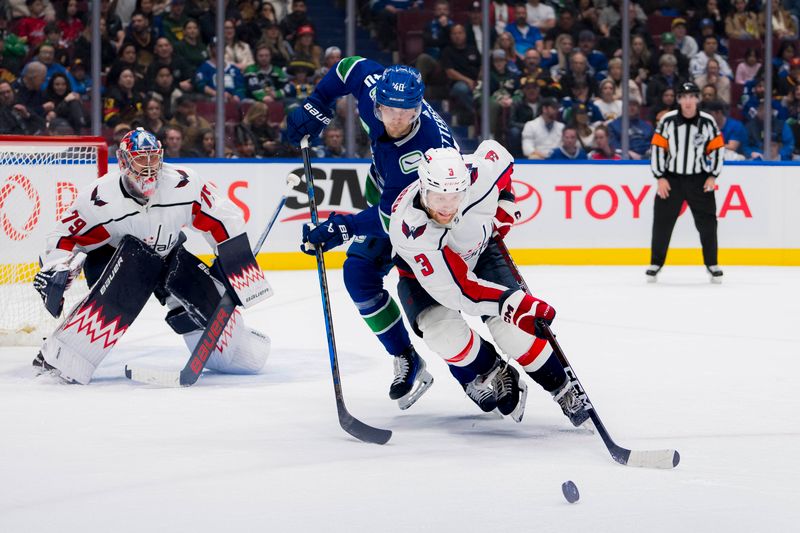 Mar 16, 2024; Vancouver, British Columbia, CAN; Washington Capitals goalie Charlie Lindgren (79) watches as Vancouver Canucks forward Elias Pettersson (40) battles with defenseman Nick Jensen (3) for the loose puck in the third period at Rogers Arena. Washington won 2 -1. Mandatory Credit: Bob Frid-USA TODAY Sports