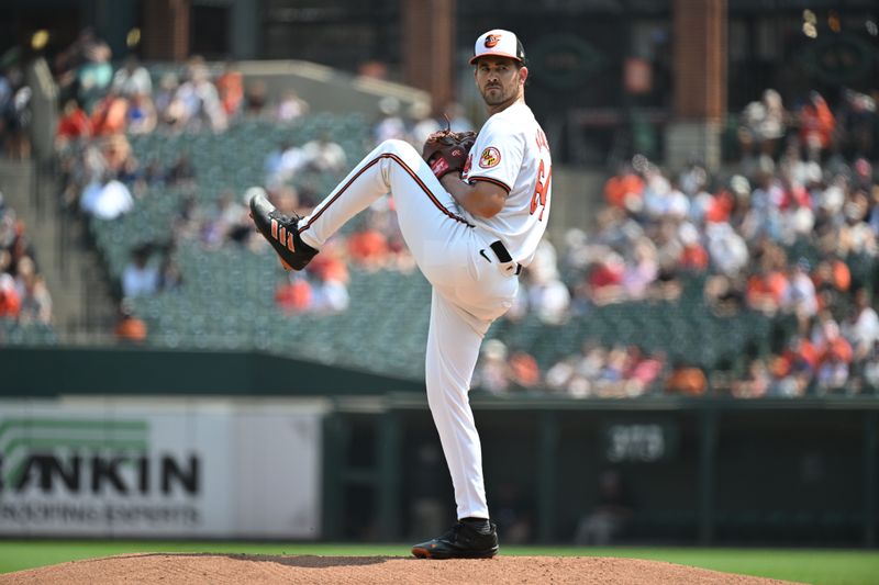 Jul 14, 2024; Baltimore, Maryland, USA;  Baltimore Orioles pitcher Dean Kremer (64) delivers a first inning pitch against the New York Yankees at Oriole Park at Camden Yards. Mandatory Credit: James A. Pittman-USA TODAY Sports