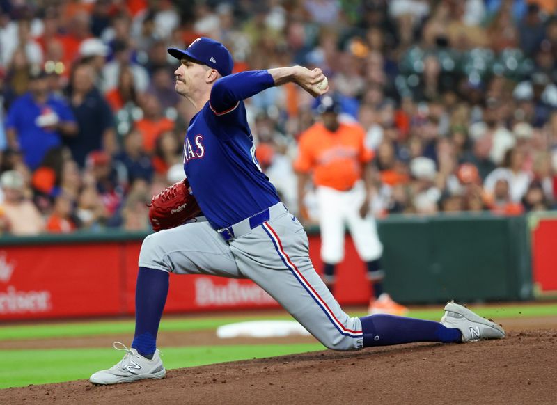 Jul 12, 2024; Houston, Texas, USA;  Texas Rangers starting pitcher Andrew Heaney (44) pitches against the Houston Astros in the first inning at Minute Maid Park. Mandatory Credit: Thomas Shea-USA TODAY Sports