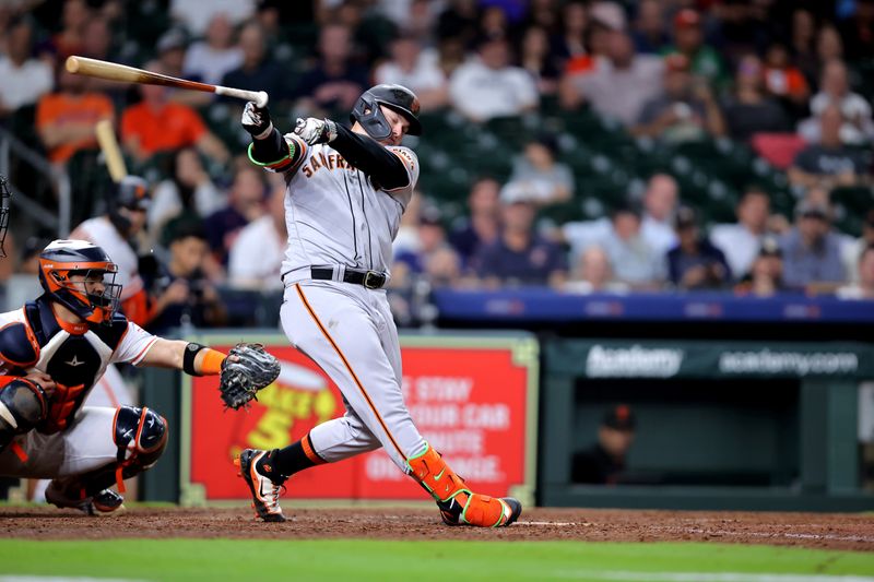 May 2, 2023; Houston, Texas, USA; San Francisco Giants designated hitter Joc Pederson (23) loses hit bat while swinging at a pitch against the Houston Astros during the ninth inning at Minute Maid Park. Mandatory Credit: Erik Williams-USA TODAY Sports