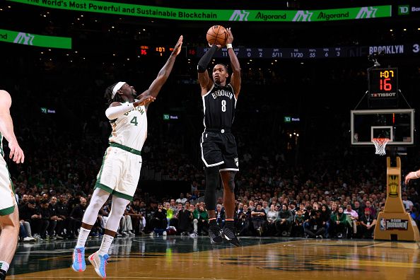 BOSTON, MA - NOVEMBER 10: Lonnie Walker IV #8 of the Brooklyn Nets shoots a three point basket during the In-Season Tournament on November 10, 2023 at the TD Garden in Boston, Massachusetts. NOTE TO USER: User expressly acknowledges and agrees that, by downloading and or using this photograph, User is consenting to the terms and conditions of the Getty Images License Agreement. Mandatory Copyright Notice: Copyright 2023 NBAE  (Photo by Brian Babineau/NBAE via Getty Images)