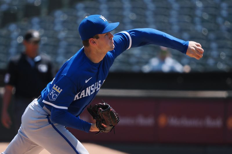 Aug 23, 2023; Oakland, California, USA; Kansas City Royals starting pitcher Cole Ragans (55) pitches the ball against the Oakland Athletics during the first inning at Oakland-Alameda County Coliseum. Mandatory Credit: Kelley L Cox-USA TODAY Sports