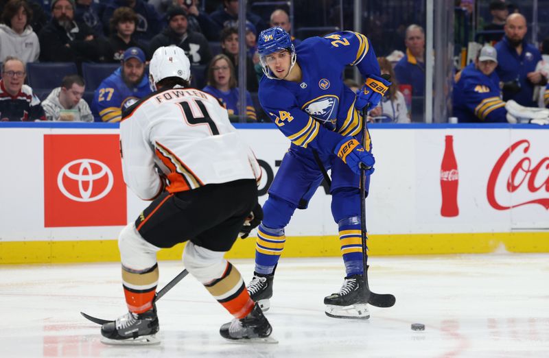 Feb 19, 2024; Buffalo, New York, USA;  Anaheim Ducks defenseman Cam Fowler (4) watches as Buffalo Sabres center Dylan Cozen (24) makes a pass during the second period at KeyBank Center. Mandatory Credit: Timothy T. Ludwig-USA TODAY Sports