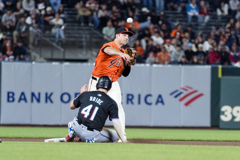 Aug 30, 2024; San Francisco, California, USA; San Francisco Giants second baseman Casey Schmitt (10) forces out Miami Marlins first baseman Jonah Bride (41) but throws too late for a double play during the fourth inning at Oracle Park. Mandatory Credit: John Hefti-USA TODAY Sports
