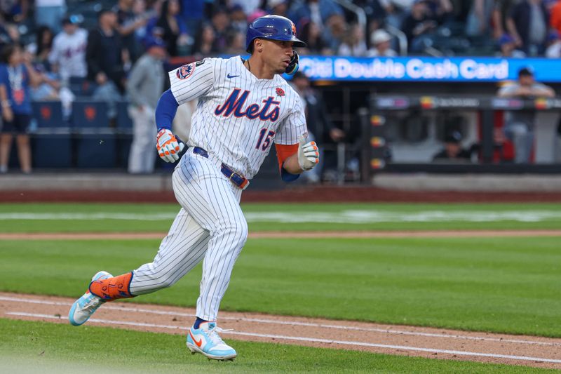 May 26, 2025; New York City, New York, USA; New York Mets center fielder Tyrone Taylor (15) runs the bases after hitting a double during the ninth inning against the Chicago White Sox at Citi Field. Mandatory Credit: Vincent Carchietta-Imagn Images