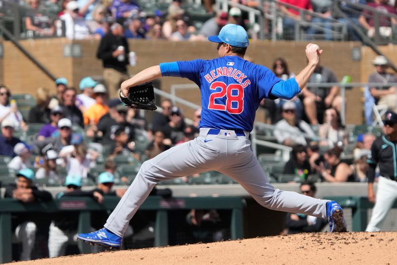 Mar 8, 2024; Salt River Pima-Maricopa, Arizona, USA; Chicago Cubs starting pitcher Kyle Hendricks (28) throws against the Arizona Diamondbacks in the first inning at Salt River Fields at Talking Stick. Mandatory Credit: Rick Scuteri-USA TODAY Sports