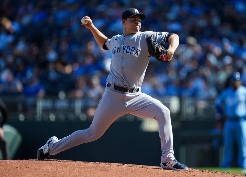 Oct 1, 2023; Kansas City, Missouri, USA; New York Yankees starting pitcher Michael King (34) pitches during the first inning at Kauffman Stadium. Mandatory Credit: Jay Biggerstaff-USA TODAY Sports