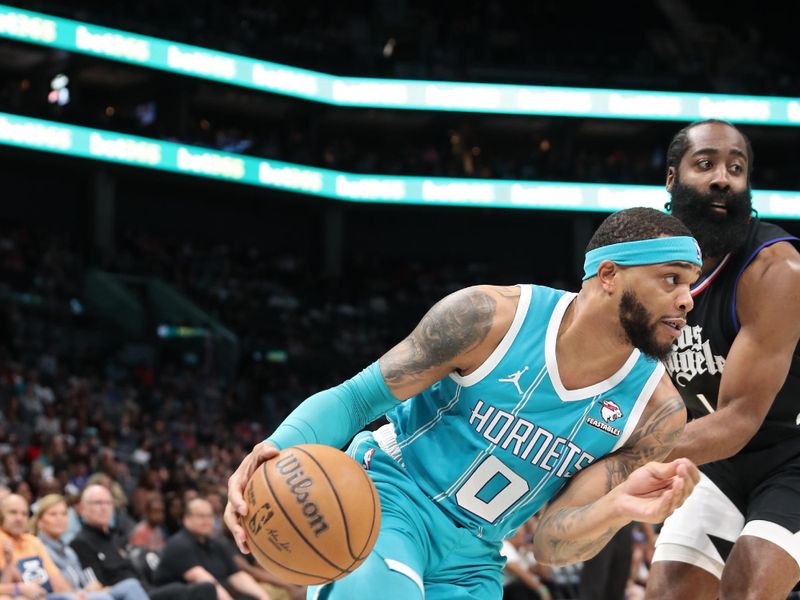 CHARLOTTE, NC - MARCH 31: Miles Bridges #0 of the Charlotte Hornets dribbles the ball during the game against the LA Clippers on March 31, 2024 at Spectrum Center in Charlotte, North Carolina. NOTE TO USER: User expressly acknowledges and agrees that, by downloading and or using this photograph, User is consenting to the terms and conditions of the Getty Images License Agreement.  Mandatory Copyright Notice:  Copyright 2024 NBAE (Photo by Brock Williams-Smith/NBAE via Getty Images)